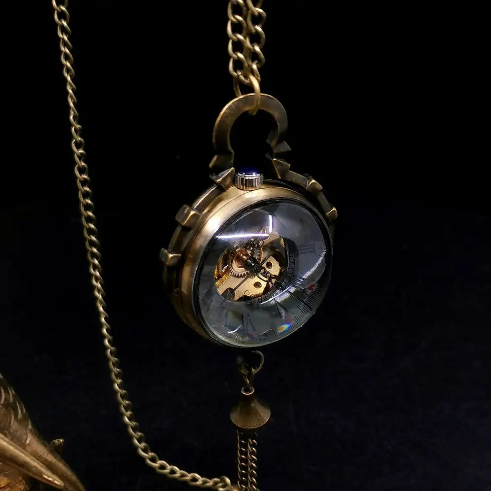 Leather strap small brass mechanical watch - openwork pendant necklace