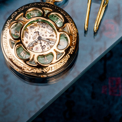 Vintage Mechanical Brass Pocket Watch. Emerald Dial. Double-Sided Tourbillon with Snake Chain Design. Steampunk Case.