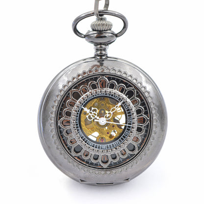 Black Lotus - Engraved Skeleton Mechanical Pocket Watch
