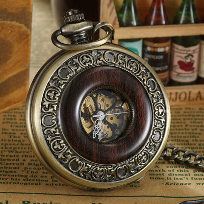 Classic Vintage Half Hunter Bronze Wooden Skeleton Mechanical Pocket Watch
