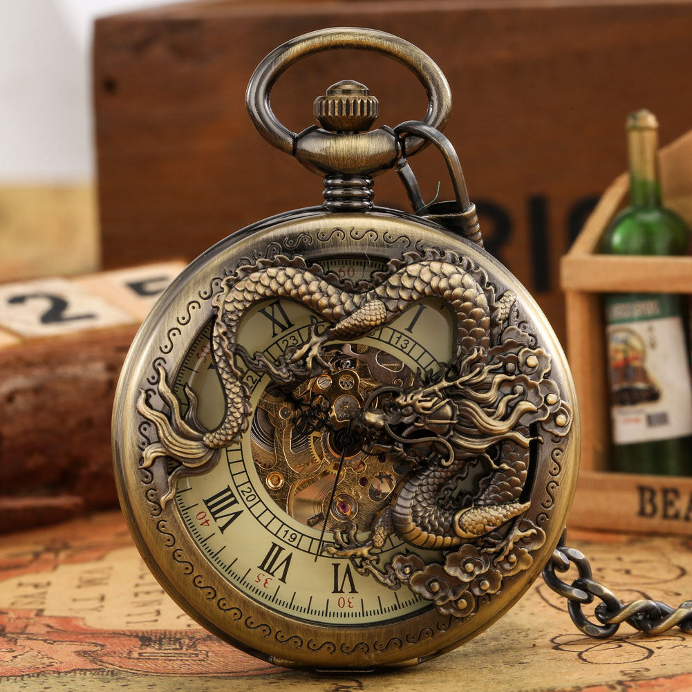 Vintage Bronze Dragon Mechanical Pocket Watch