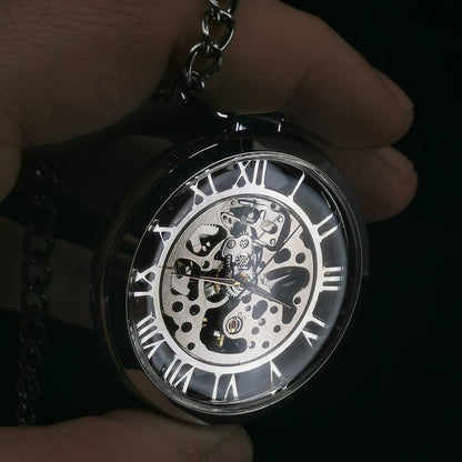 Steampunk Silver Skeleton Mechanical Automatic Pocket Watch