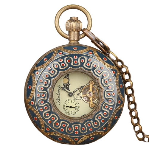 Vintage Flywheel Flower Moon Phase Vintage Genuine Copper Skeleton Mechanical Pocket Watch