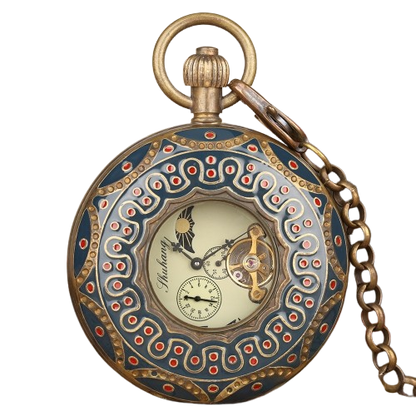 Vintage Flywheel Flower Moon Phase Vintage Genuine Copper Skeleton Mechanical Pocket Watch
