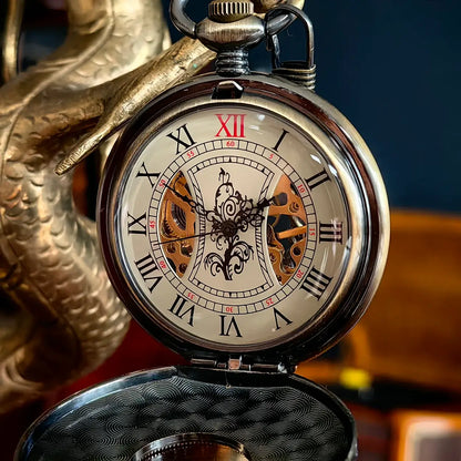 Classic Vintage Half Hunter Bronze Wooden Skeleton Mechanical Pocket Watch