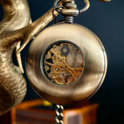 Classic Vintage Half Hunter Bronze Wooden Skeleton Mechanical Pocket Watch