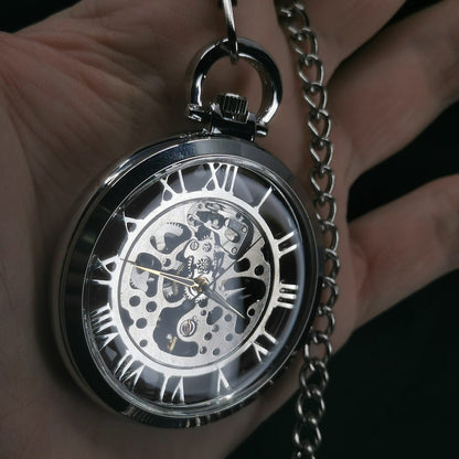Steampunk Silver Skeleton Mechanical Automatic Pocket Watch