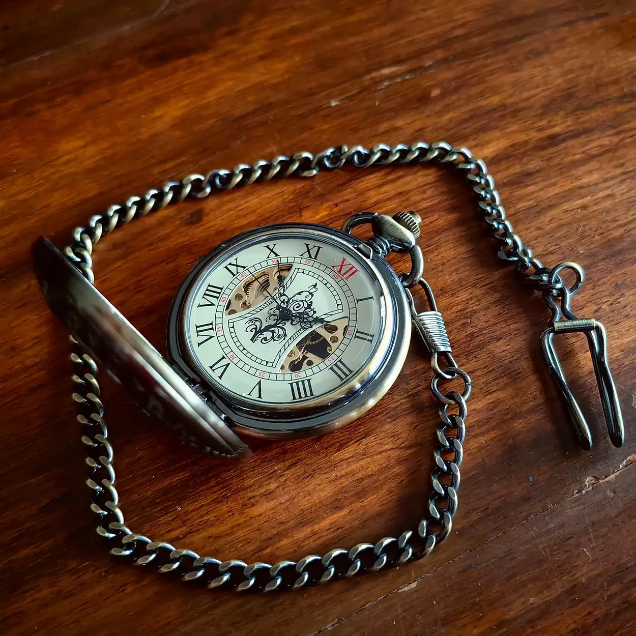 Classic Vintage Half Hunter Bronze Wooden Skeleton Mechanical Pocket Watch