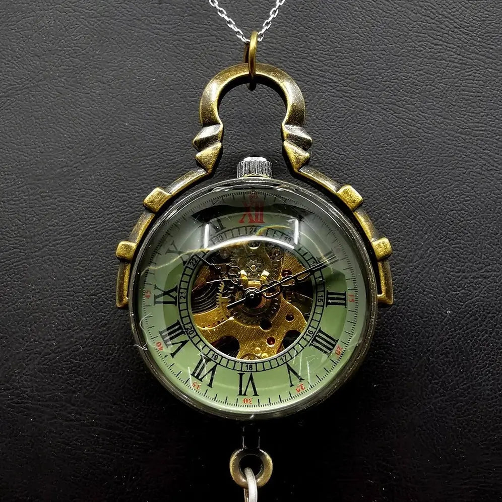 Leather strap small brass mechanical watch - openwork pendant necklace