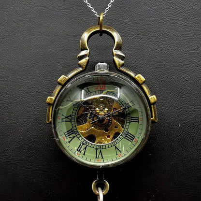 Leather strap small brass mechanical watch - openwork pendant necklace