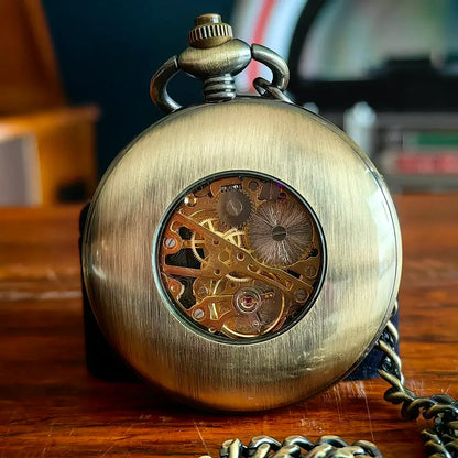 Classic Vintage Half Hunter Bronze Wooden Skeleton Mechanical Pocket Watch