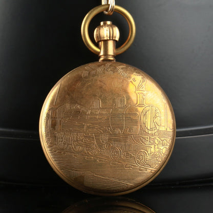 All brass train engraved mechanical skeleton pocket watch