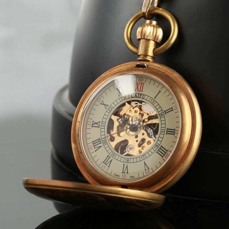 All brass train engraved mechanical skeleton pocket watch