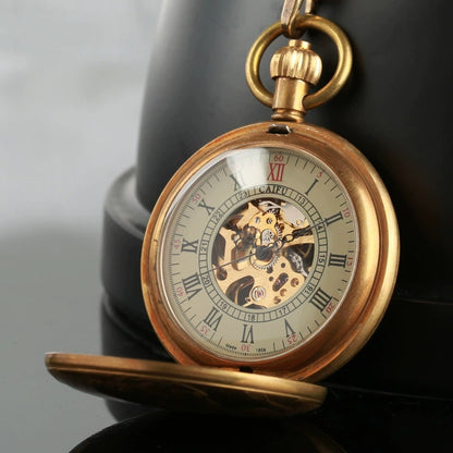 All brass train engraved mechanical skeleton pocket watch