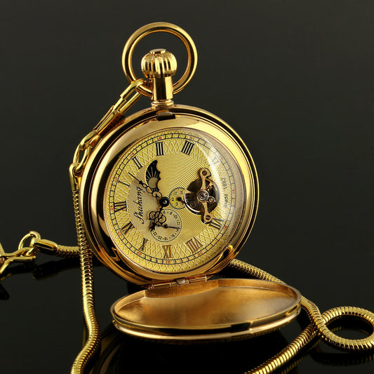 NO.1 Vintage Men's Flywheel Moonphase All Brass Mechanical Pocket Watch