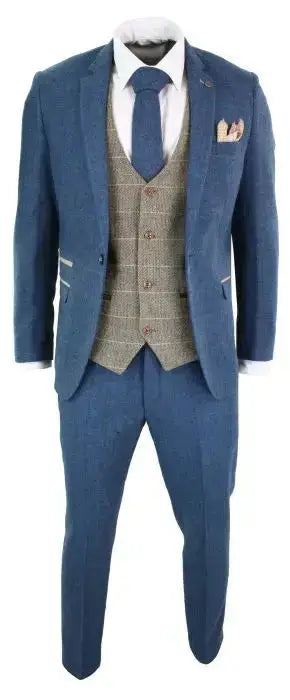 Vintage Blue & Brown Herringbone Tweed Suit – 3-Piece Classic British Style