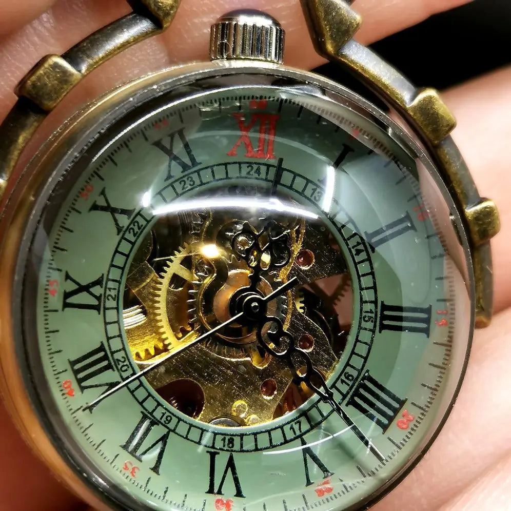 Leather strap small brass mechanical watch - openwork pendant necklace