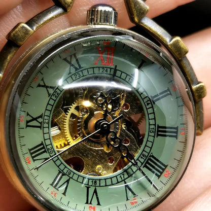 Leather strap small brass mechanical watch - openwork pendant necklace