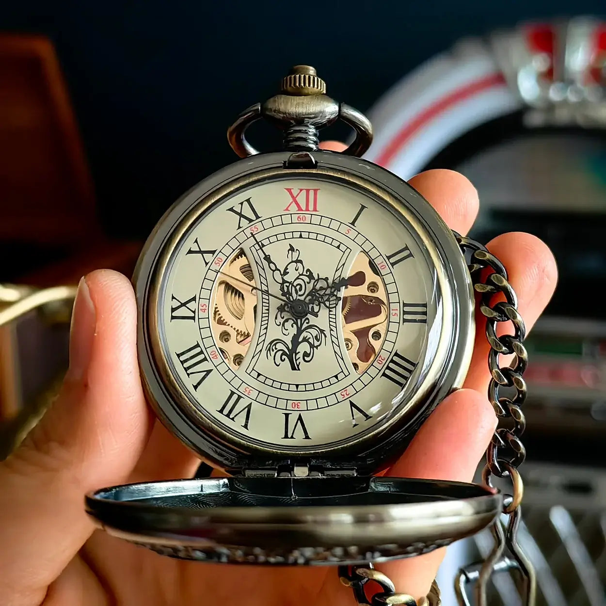 Classic Vintage Half Hunter Bronze Wooden Skeleton Mechanical Pocket Watch