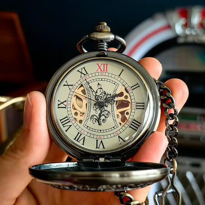 Classic Vintage Half Hunter Bronze Wooden Skeleton Mechanical Pocket Watch