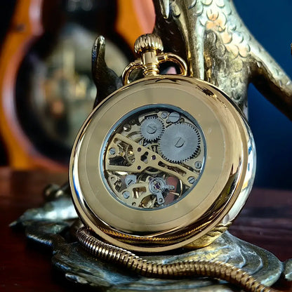 Gold Victorian-Style Roman Numeral Dial Mechanical Chain Pocket Watch