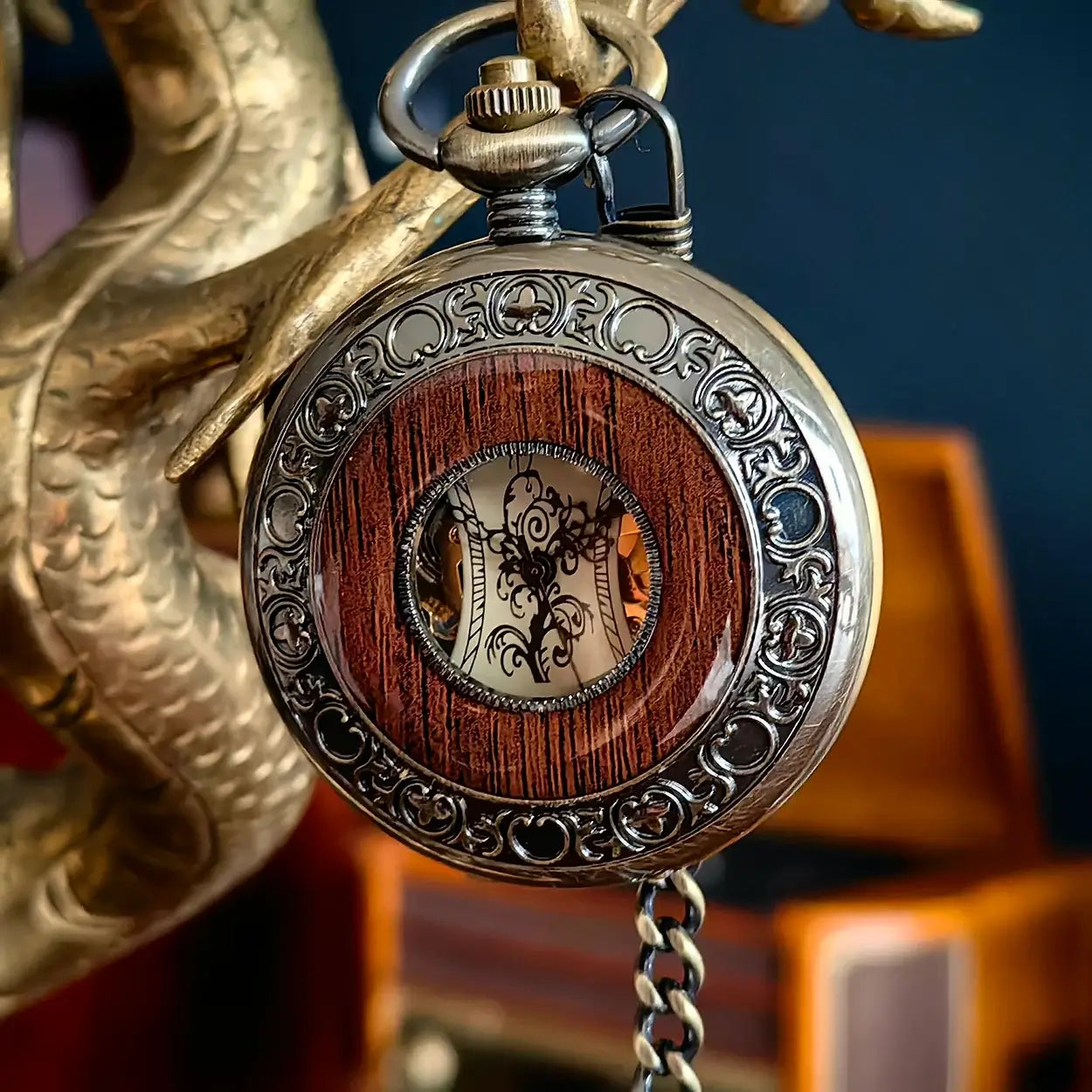 Classic Vintage Half Hunter Bronze Wooden Skeleton Mechanical Pocket Watch
