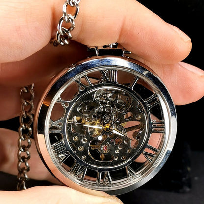 Steampunk Silver Skeleton Mechanical Automatic Pocket Watch