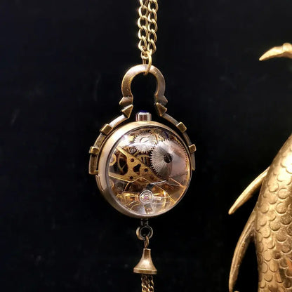 Leather strap small brass mechanical watch - openwork pendant necklace