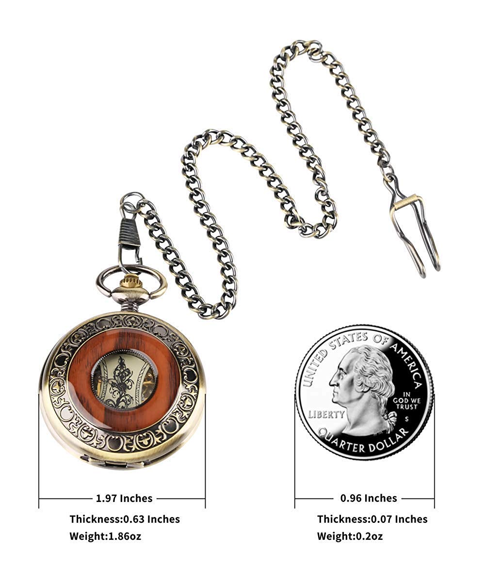 Classic Vintage Half Hunter Bronze Wooden Skeleton Mechanical Pocket Watch