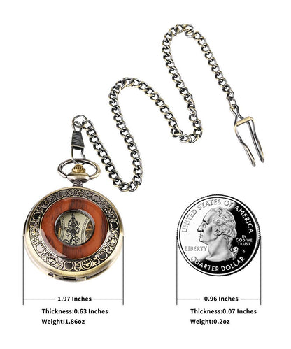 Classic Vintage Half Hunter Bronze Wooden Skeleton Mechanical Pocket Watch