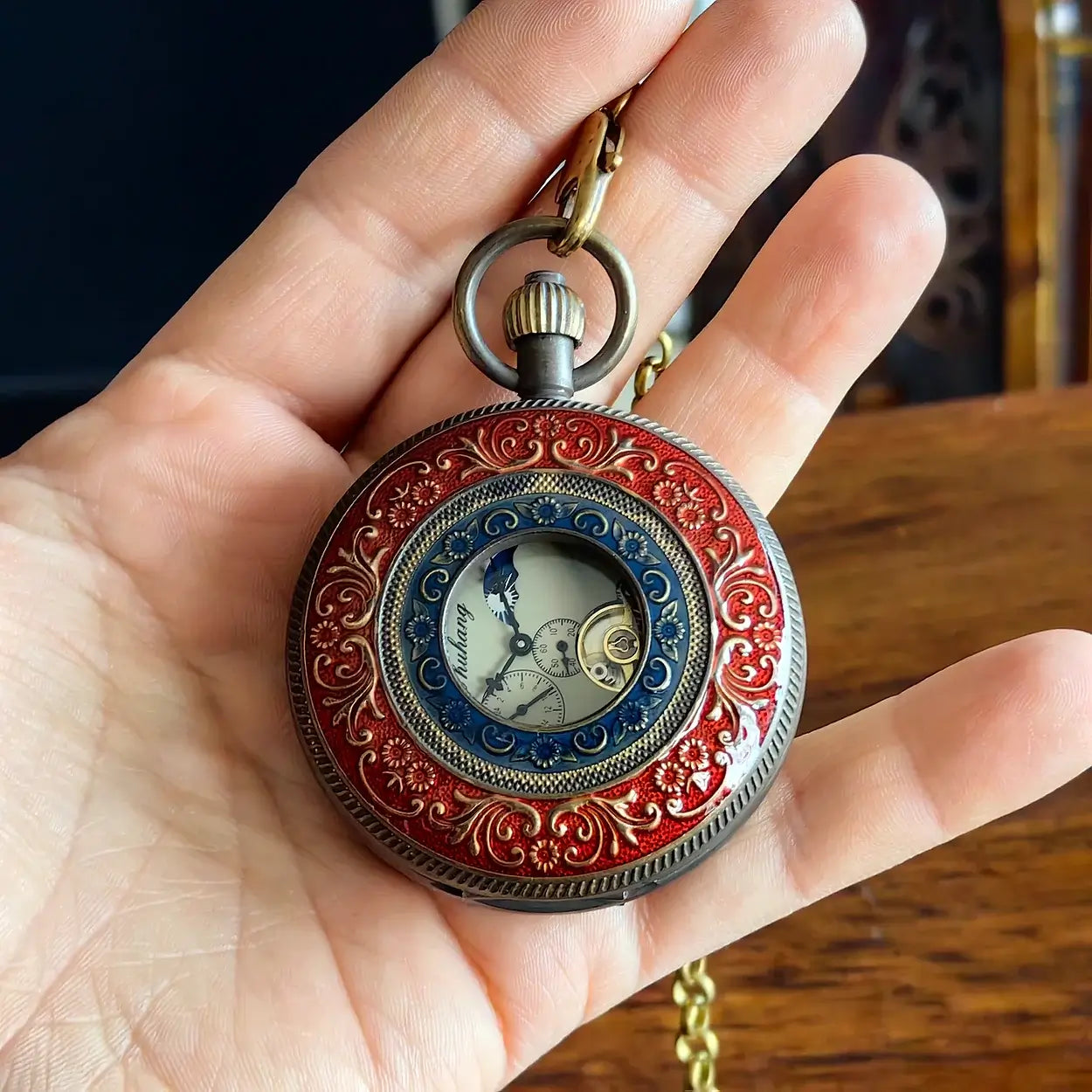 Vintage Flywheel Flower Moon Phase Vintage Genuine Copper Skeleton Mechanical Pocket Watch