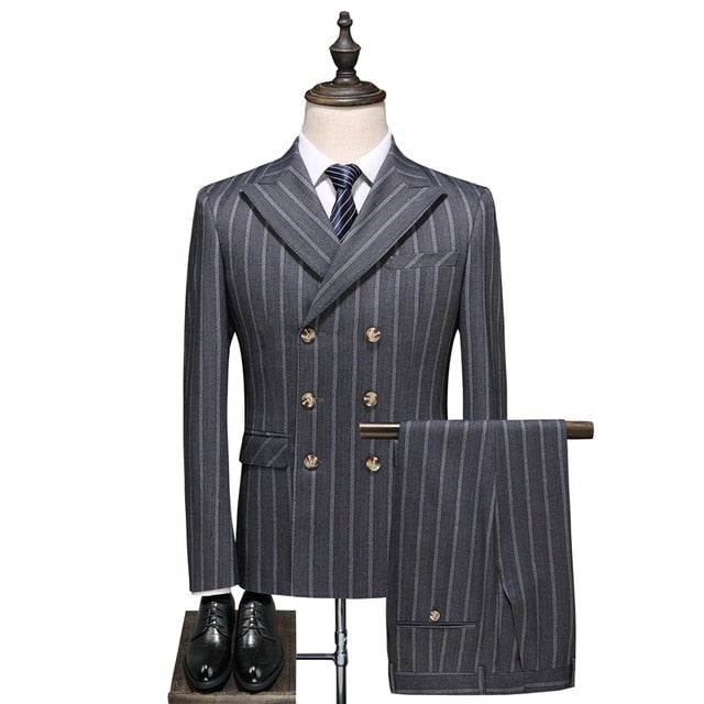 Men's Gray Fine-Stripe Double-Breasted Three-Piece Suit