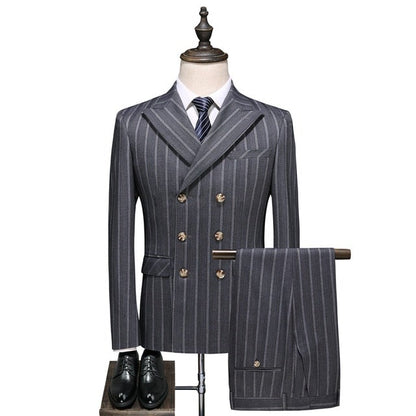Men's Gray Fine-Stripe Double-Breasted Three-Piece Suit