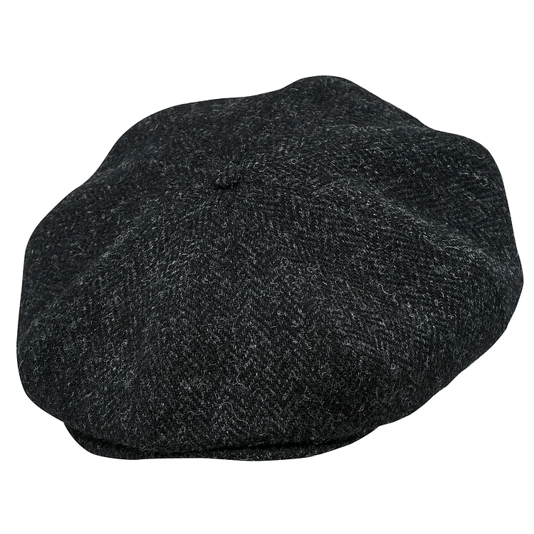 Genuine Scottish Harris Tweed 8 Panels Man Cap Wool Large Crown BLACK