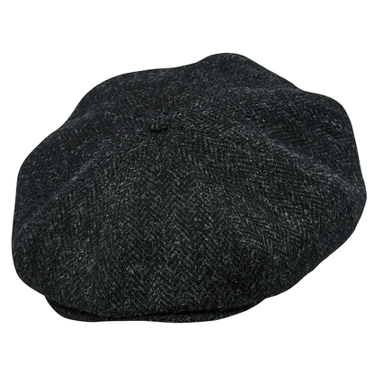 Genuine Scottish Harris Tweed 8 Panels Man Cap Wool Large Crown BLACK