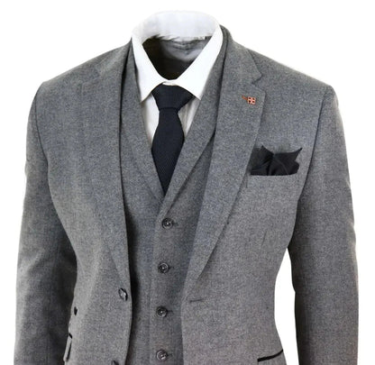Grey Tweed 3-Piece Suit for Men – Vintage Formal Attire with Waistcoat