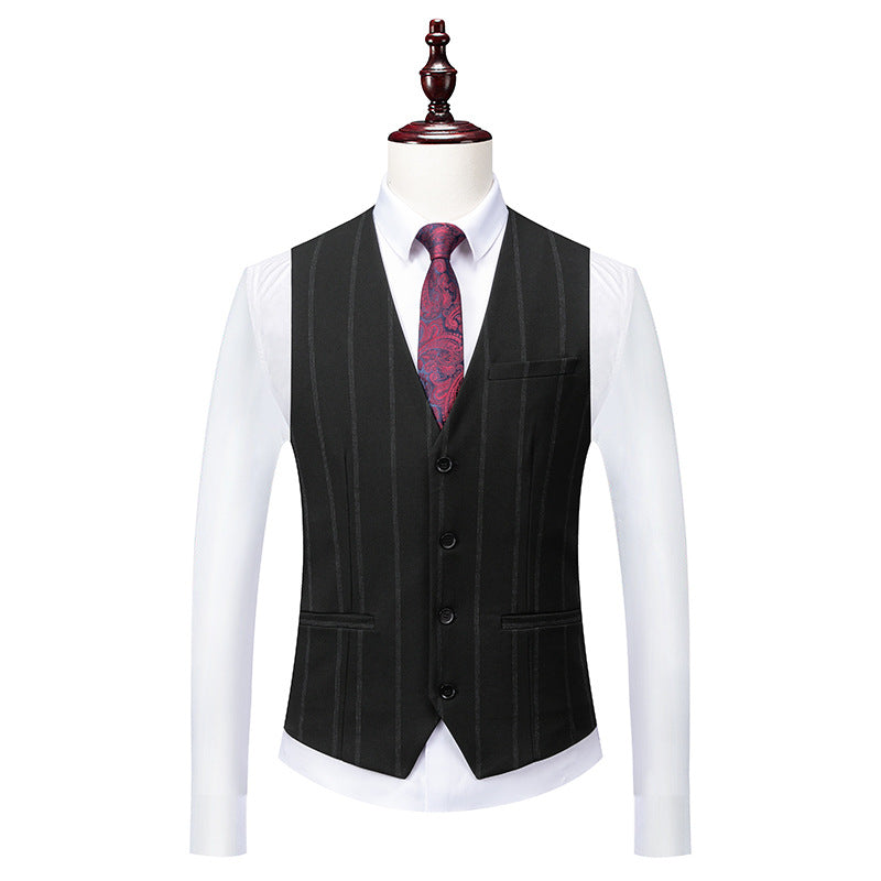 Men's Three-Piece Striped Formal Suit — Blazer, Vest, and Trousers