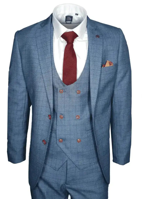 Light Blue Check 3-Piece Suit – Slim Fit Men’s Wedding & Business Attire