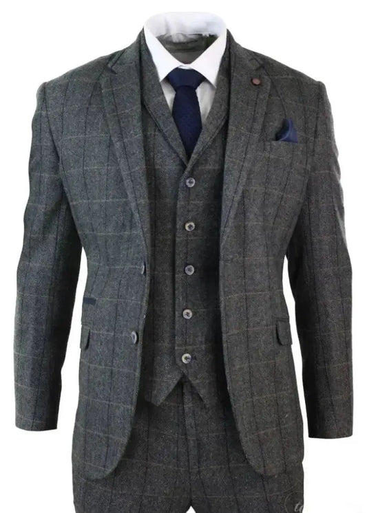 Classic Gray & Navy Men’s 3-Piece Suit – Tailored Blazer, Vest & Pants for Formal Events