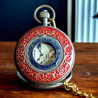 Vintage Flywheel Flower Moon Phase Vintage Genuine Copper Skeleton Mechanical Pocket Watch