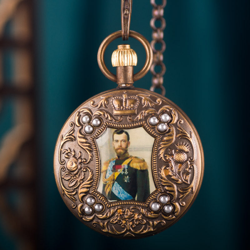Vintage Brass Mechanical Pocket Watch with 5-Hand Moon Phase Display—Double-Open Exquisite Engraving Design