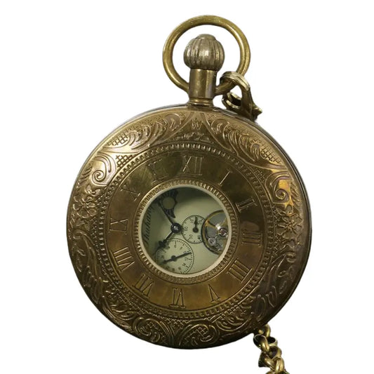 Vintage Men’s 5-Hand Flying Tourbillon Moon Phase Pure Copper Mechanical Pocket Watch