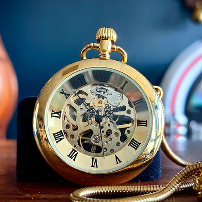 Gold Victorian-Style Roman Numeral Dial Mechanical Chain Pocket Watch