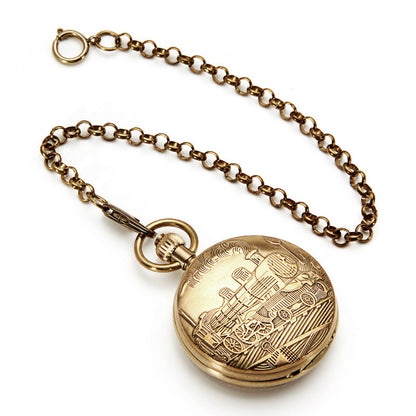All brass train engraved mechanical skeleton pocket watch