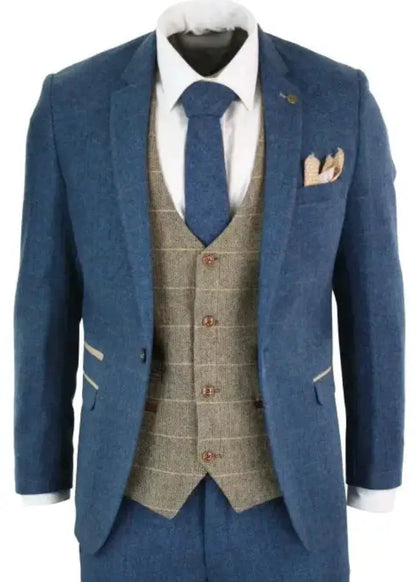Vintage Blue & Brown Herringbone Tweed Suit – 3-Piece Classic British Style