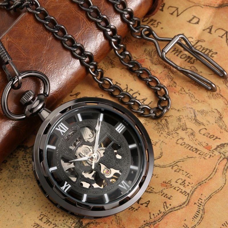 Black Skeleton Pocket Watch