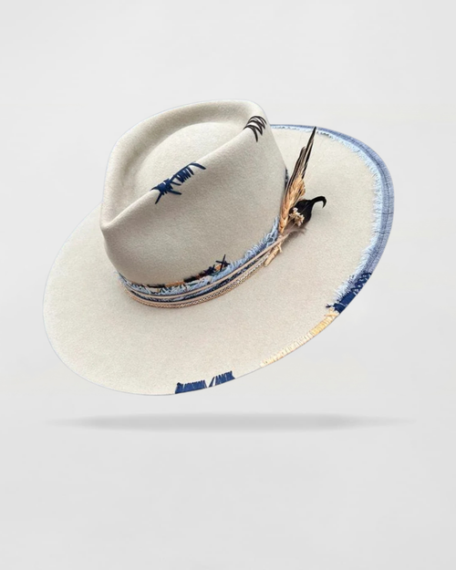 City Slicker Fedora in Beige with Feather Blue Patchwork And Band