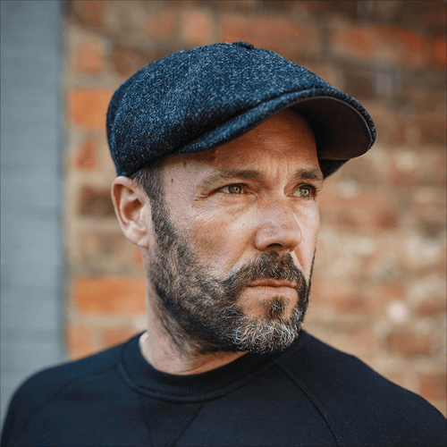 Genuine Scottish Harris Tweed 8 Panels Man Cap Wool Large Crown BLACK