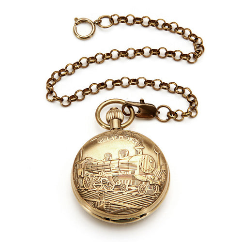 All brass train engraved mechanical skeleton pocket watch