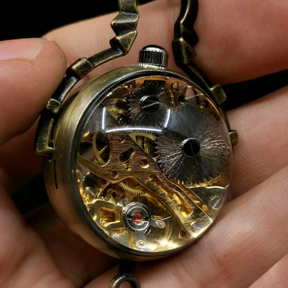Leather strap small brass mechanical watch - openwork pendant necklace